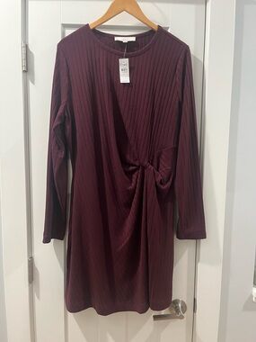 LOFT Twist-Front Ribbed Mini Dress in Burgundy Size XL NWT